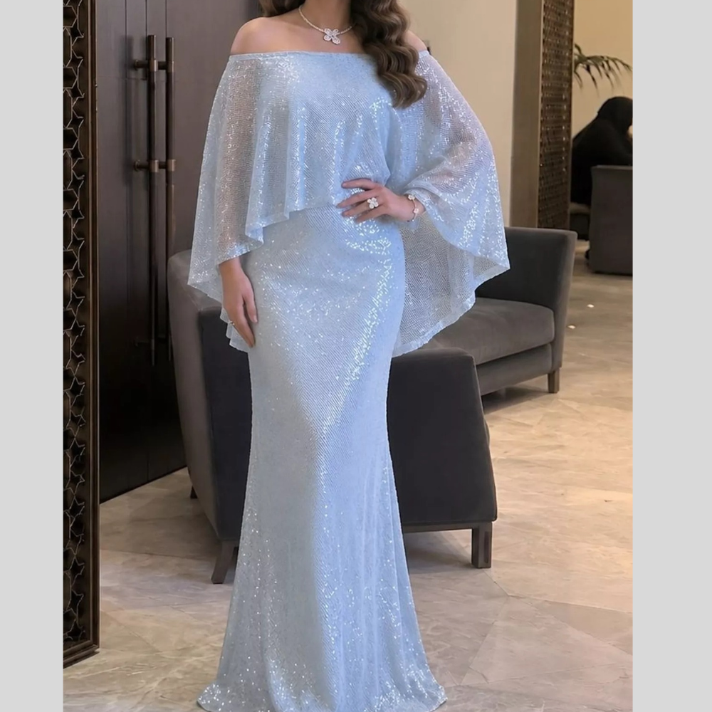 Sequin Off-Shoulder Cape Evening Maxi Dress