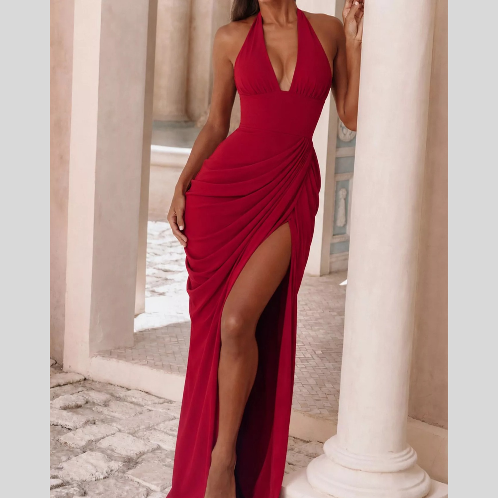 Halter Neck High-Slit Maxi Evening Dress