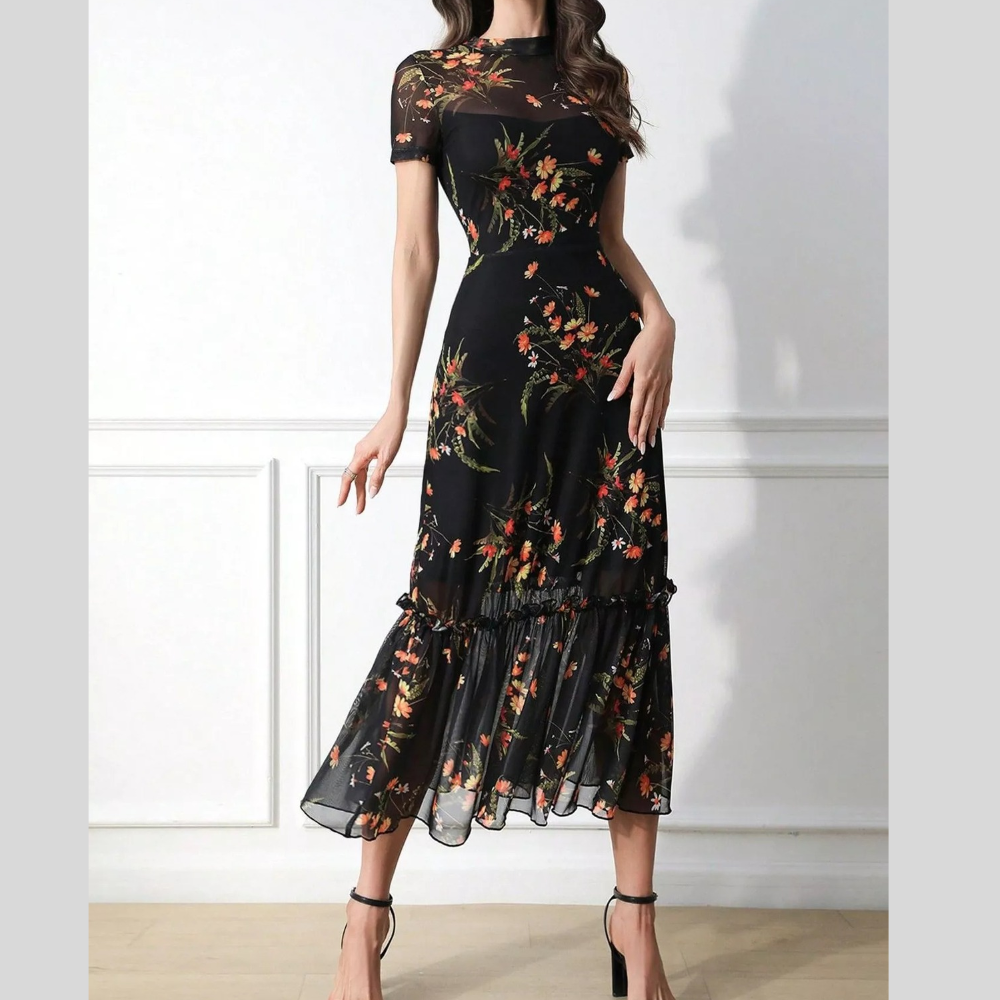 Floral Print Sheer Overlay Midi Dress with Ruffle Hem
