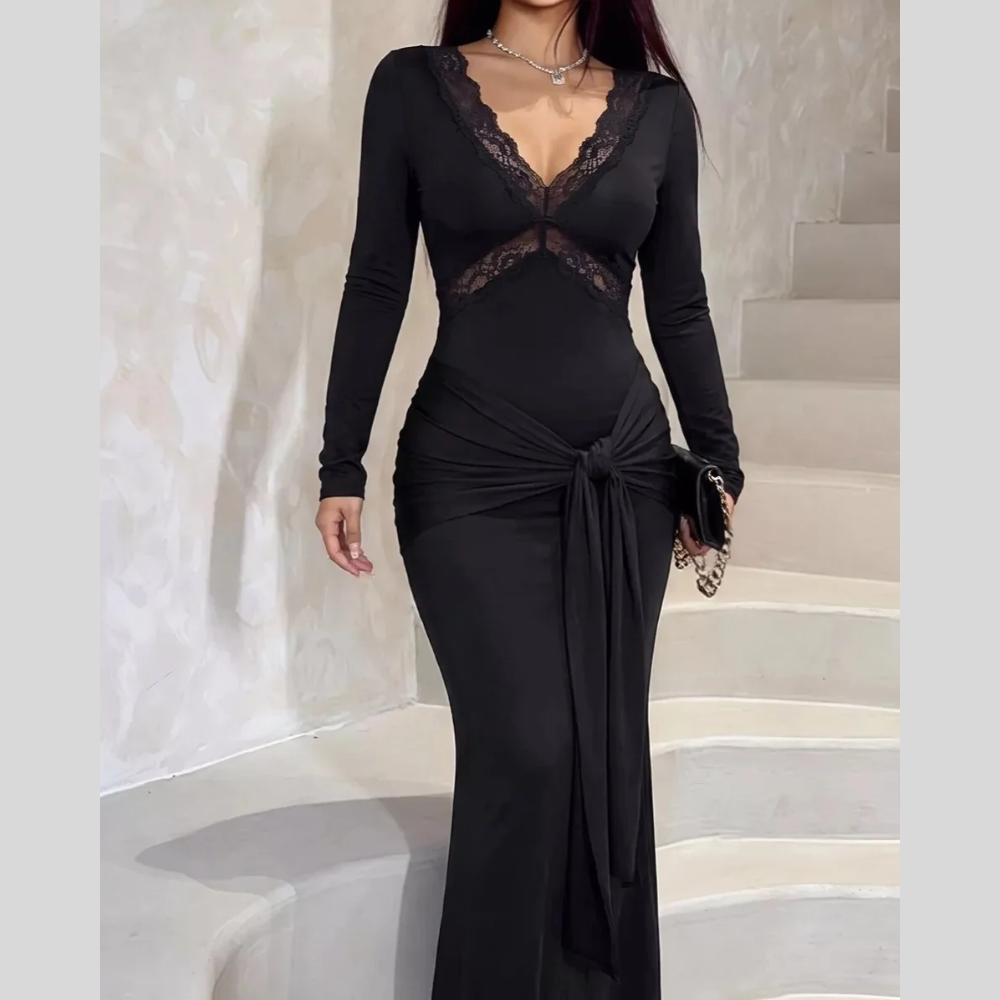 V-Neck Lace Trim Long Sleeve Tie-Waist Maxi Dress