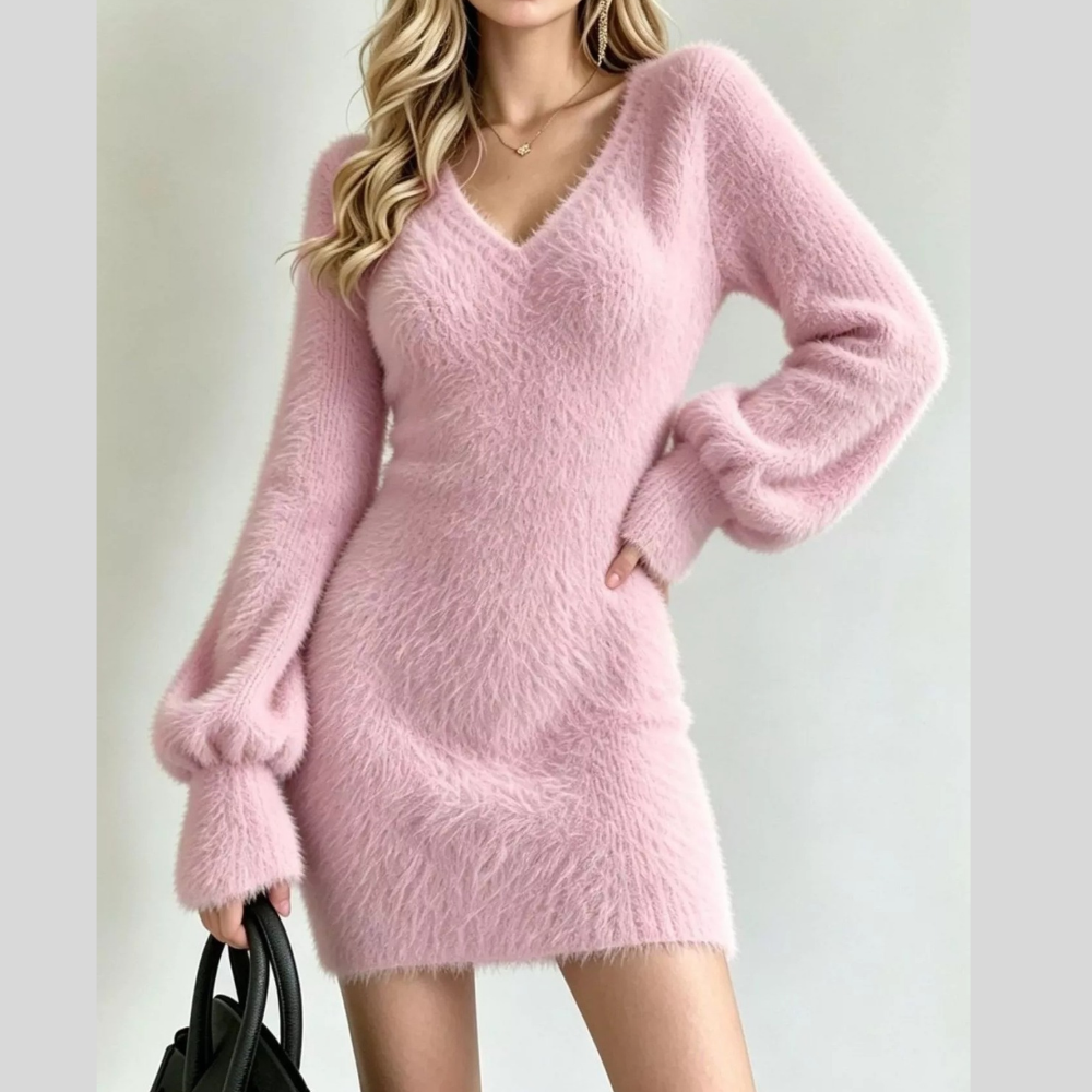 Fuzzy V-Neck Long Sleeve Sweater Dress