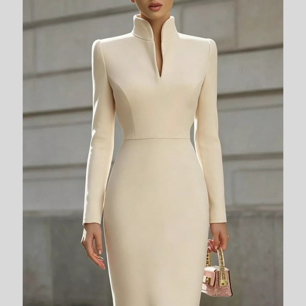 Full Size Stand-Collar Long-Sleeve Midi Dress Plus Size