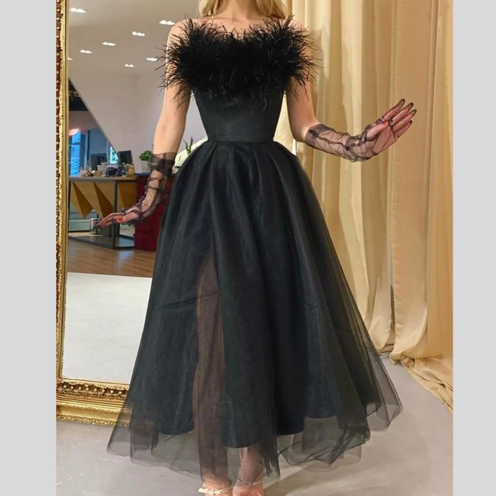 Feather-Trimmed Tulle Maxi Evening Dress