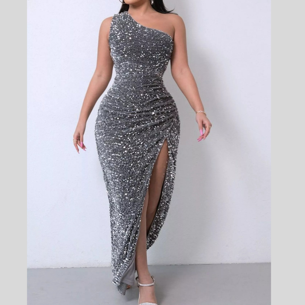 One-Shoulder Ruched Sequin High-Slit Evening Dress