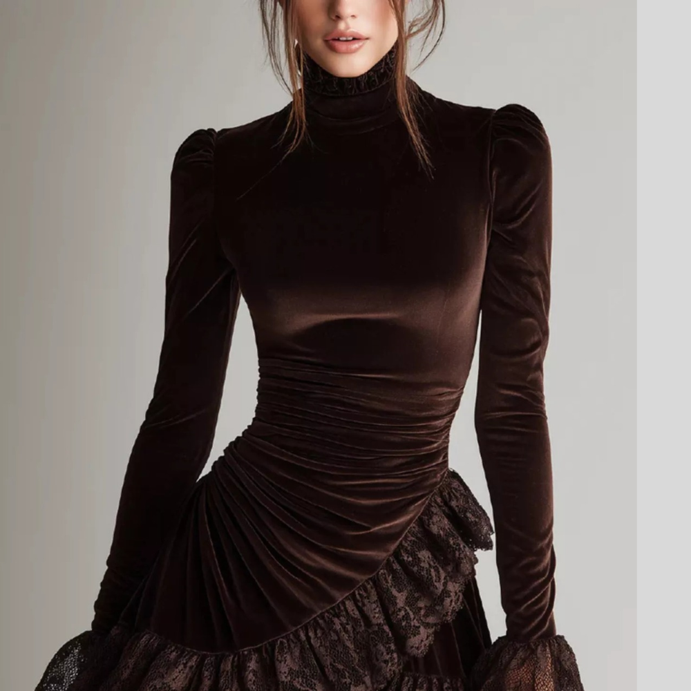 Velvet Mock Neck Mini Dress with Lace Ruffle Trim