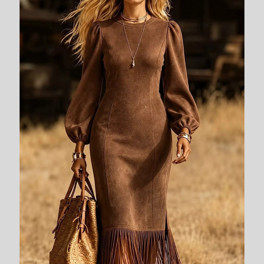 Fringe Round Neck Balloon Sleeve Dress