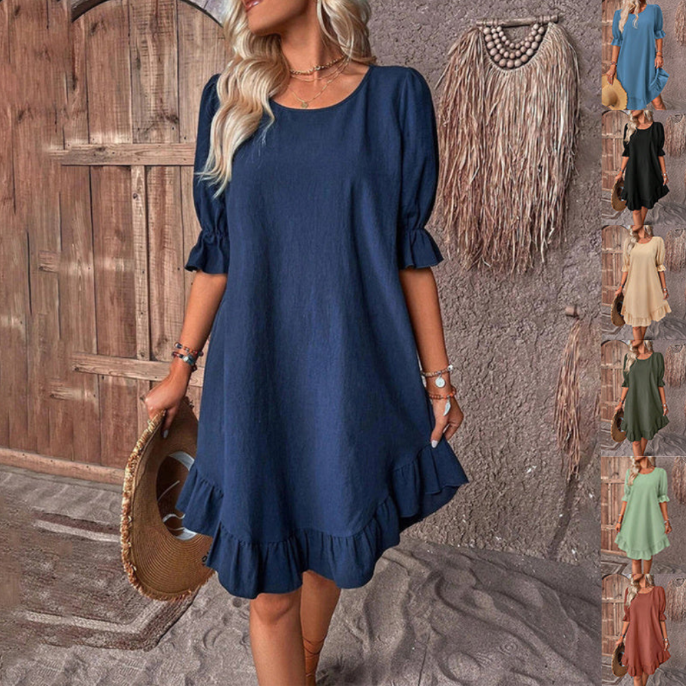 Fashion Ruffle Short-sleeved Dress Summer Solid Color Round Neck Loose Straight Dresses Womens Clothing