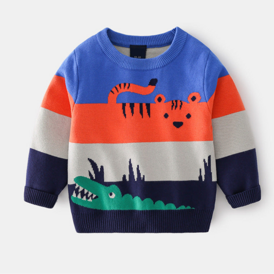 Abstract Cartoon Jacquard Double Layer Sweater For Boys