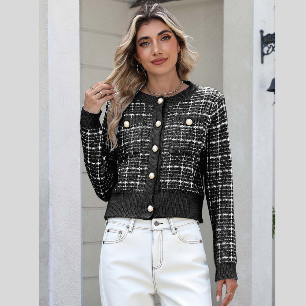 Female Classic Style Temperament Coat Pearl Buckle Fashion Sweater Female