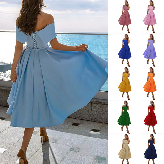 Women's Fashion Casual Strapless Satin Party Dress Off The Shoulder Tea Length Satin Prom Dresses With Pockts Formal Evening Party Dress