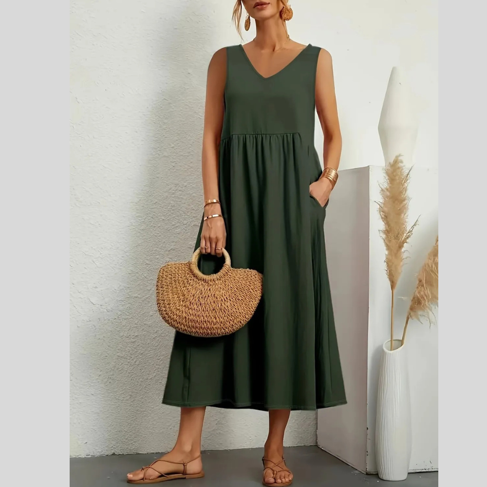 Full Size Pocketed V-Neck Sleeveless Midi Dress Plus Size