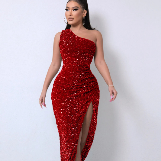 Foreign Trade Sleeveless One Shoulder Slash Neck Sequins Gorgeous Slit Women's Dress