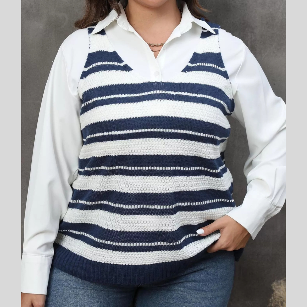 Plus Size Striped V-Neck Knit Sweater Vest