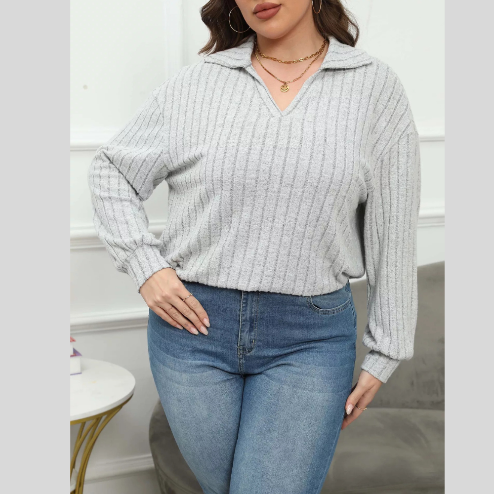 Plus Size Ribbed Knit Polo Collar T-Shirt