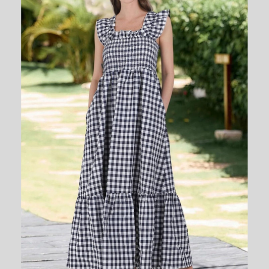 Ruffled Sleeveless Gingham Midi Dress