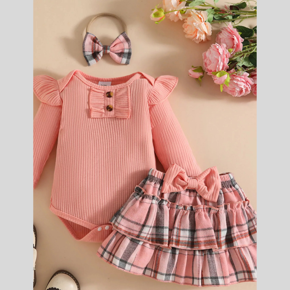 Children's Ruffled Ribbed Bodysuit and Skirt Set with Headband