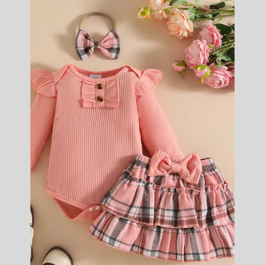 Children's Ruffled Ribbed Bodysuit and Skirt Set with Headband