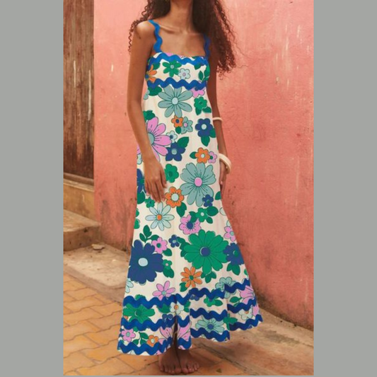 Printed Square Neck Wide Strap Dress