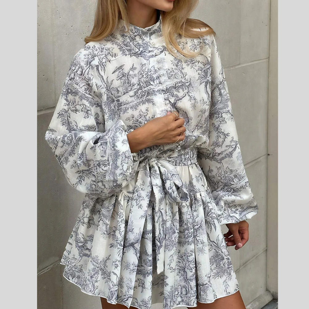Printed Balloon Sleeve Tie Waist Dress