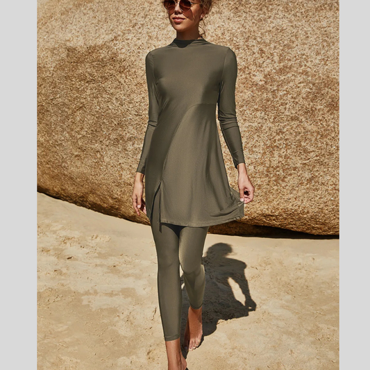 Slit Mock Neck Long Sleeve Top and Pants Swim Set