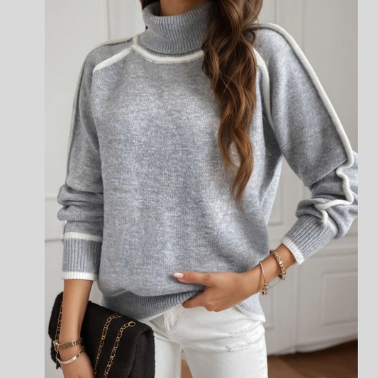 Turtleneck Contrast Trim Sweater with Ribbed Details