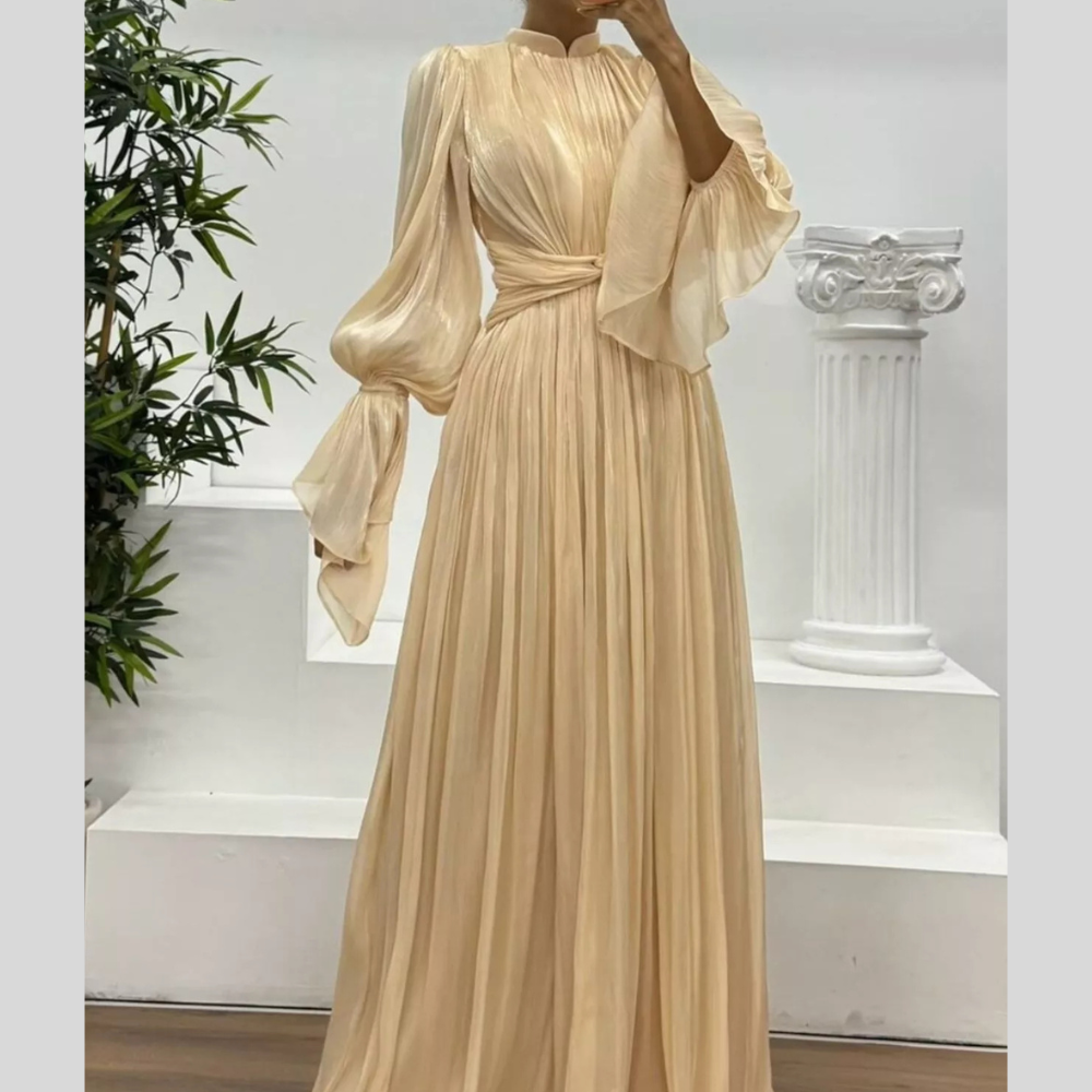 Pleated Mock Neck Long Sleeve Maxi Dress