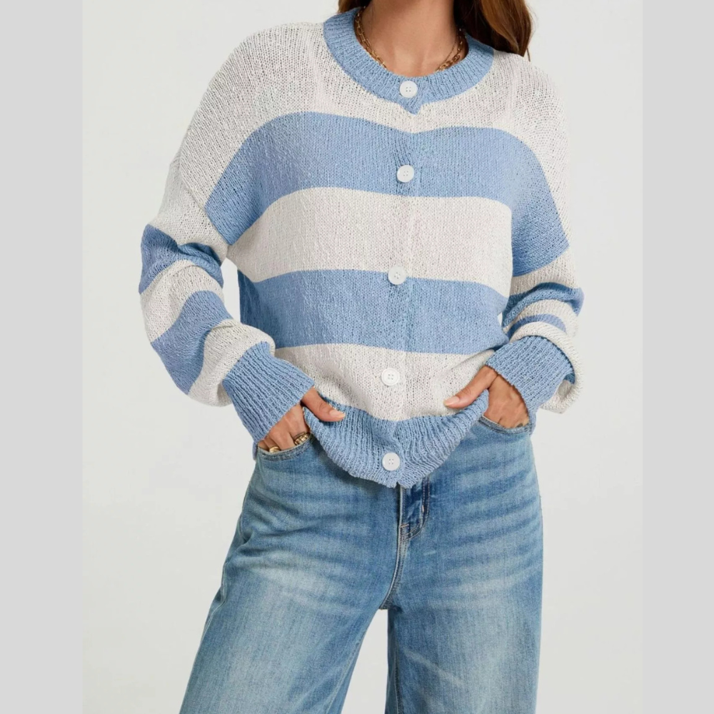 Casual Striped Button-Down Knit Cardigan