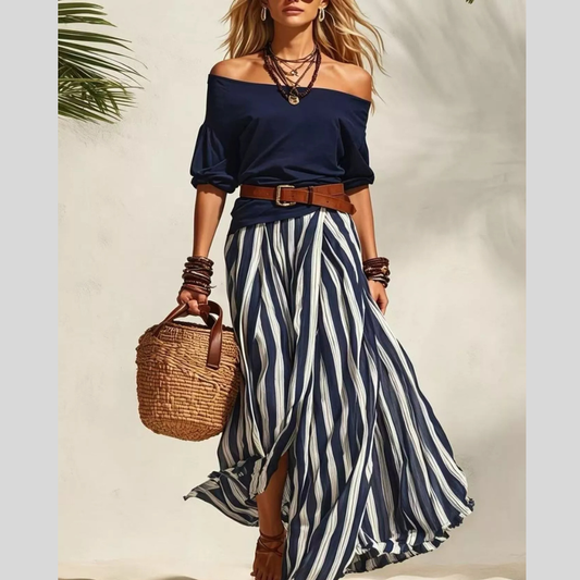 Off Shoulder Top and Striped Maxi Skirt Set