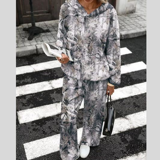 Printed Long Sleeve Hoodie and Pants Set
