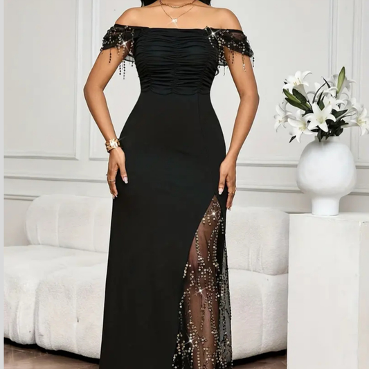Sequin Embellished Ruched Maxi Dress