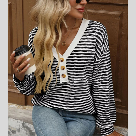 Striped Button Detail Long Sleeve T-Shirt