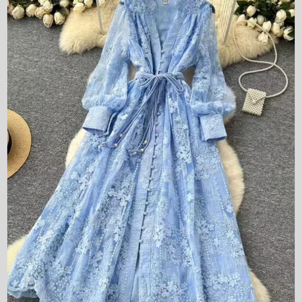 Lace Tie Waist Long Sleeve Dress