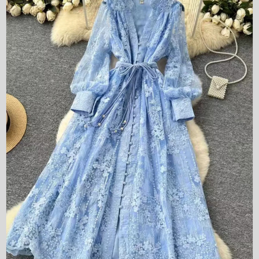 Lace Tie Waist Long Sleeve Dress
