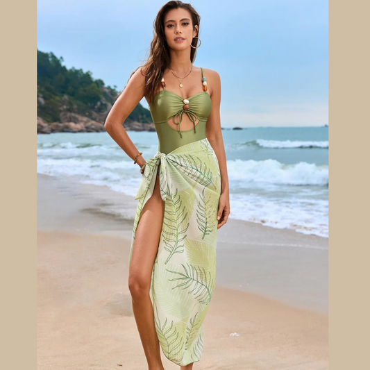 Cutout Sweetheart Neck One-Piece Swimwear and Cover-Up Swim Set
