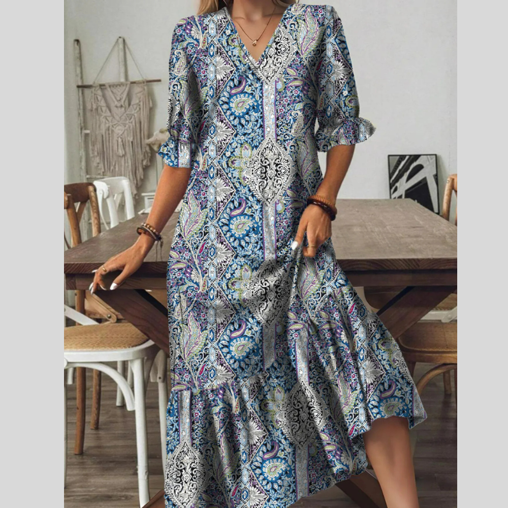 Full Size Bohemian Paisley Print V-Neck Midi Dress Plus Size