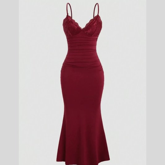 Lace Trim Ruched Mermaid Dress