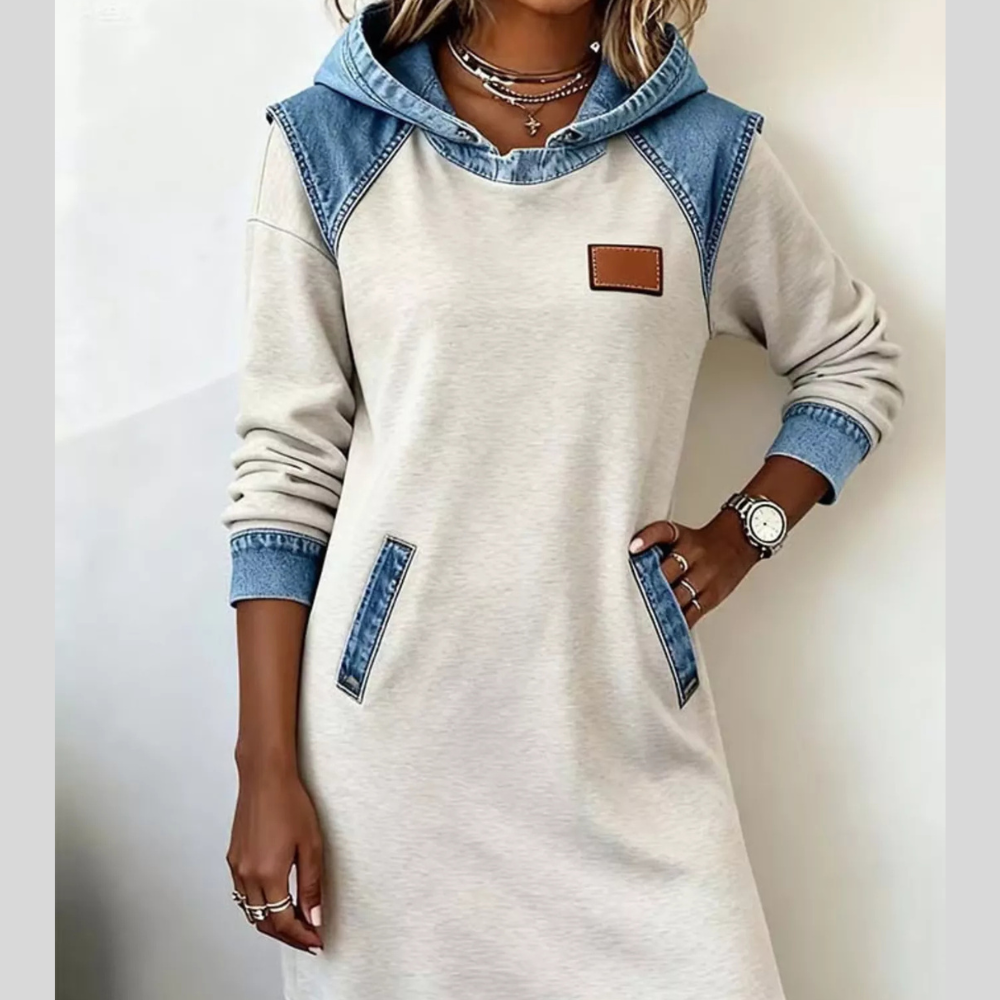 Full Size Denim Patchwork Hooded Sweatshirt Dress Plus Size