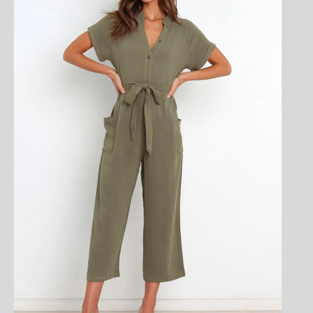 Notched Short Sleeve Tie Waist Jumpsuit