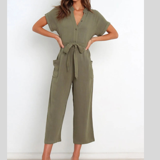 Notched Short Sleeve Tie Waist Jumpsuit