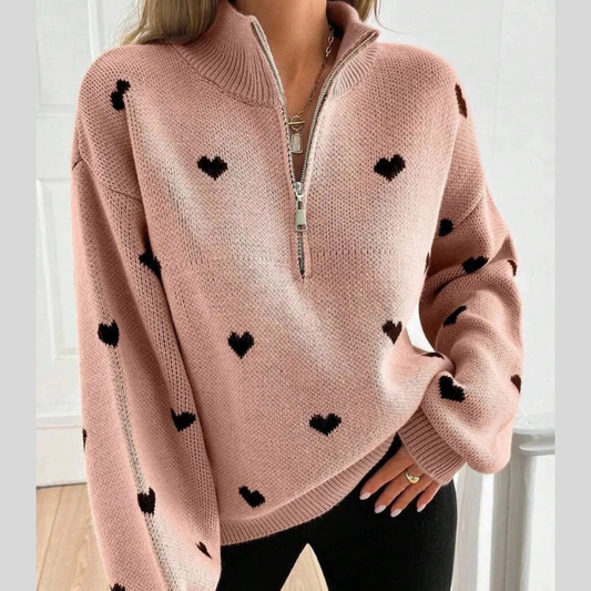 Full Size Heart Half-Zip Long Sleeve Sweater Plus Size