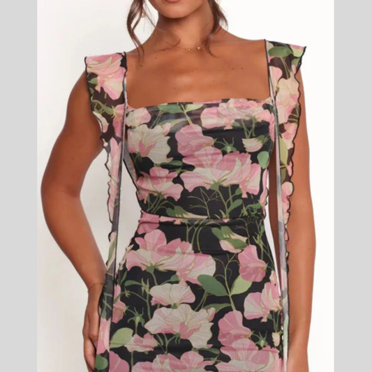 Floral Print Ruffle Trim Bodycon Maxi Dress