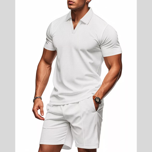 Men's Full Size Textured Short Sleeve Polo and Shorts Set Plus Size