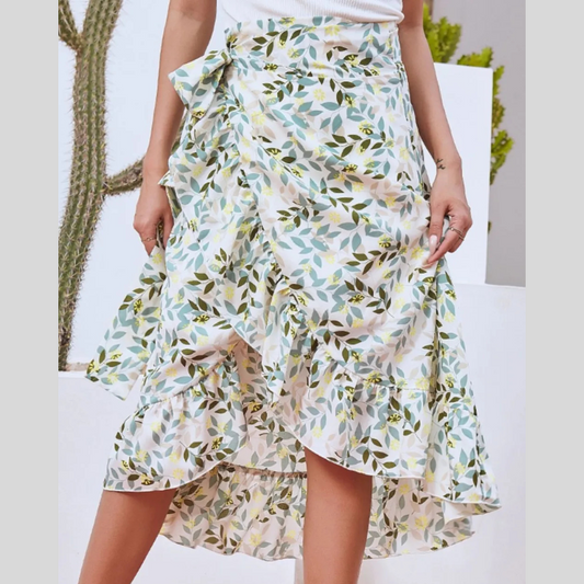 Printed Ruffled Midi Skirt