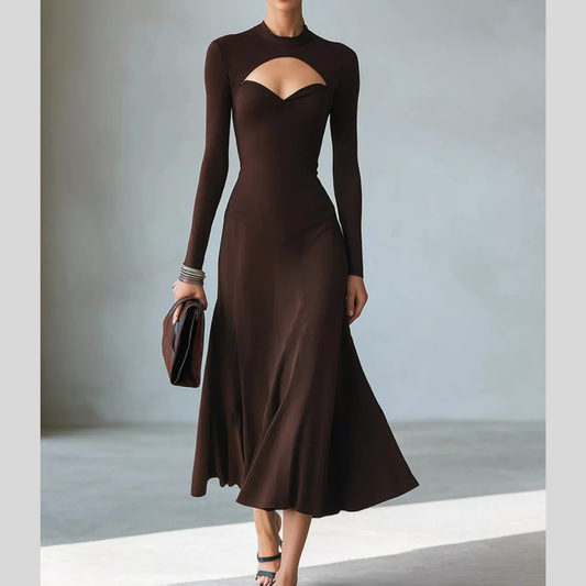 Full Size Mock Neck Cut-Out Long Sleeve Midi Dress Plus Size
