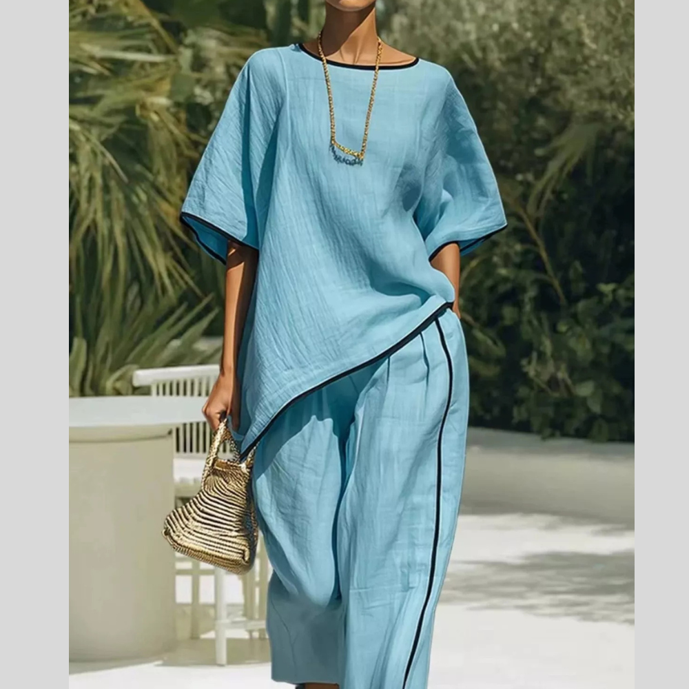 Full Size Contrast Trim Half Sleeve Top and Pants Set Plus Size