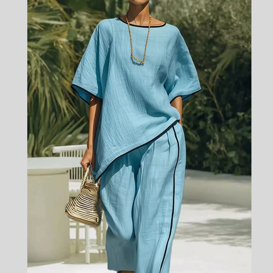 Full Size Contrast Trim Half Sleeve Top and Pants Set Plus Size