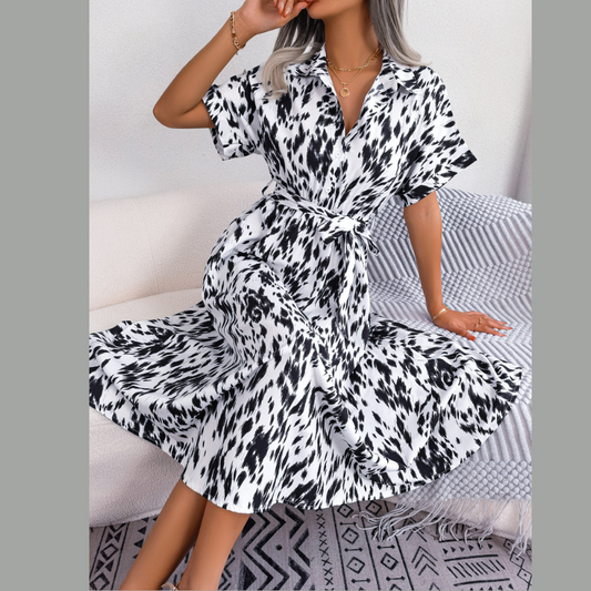 Printed Collared Neck Short Sleeve Tie Waist Dress
