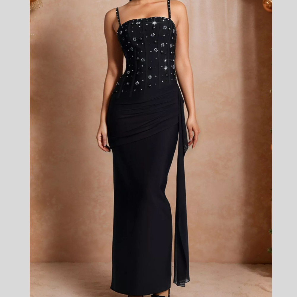 Rhinestone Slit Maxi Dress with Draping Detail