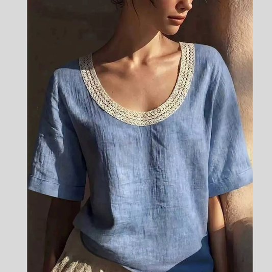 Full Size Lace Trim Short Sleeve Blouse Plus Size