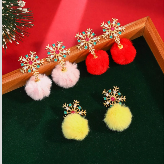 Christmas Snowflake Pom Pom Drop Earrings